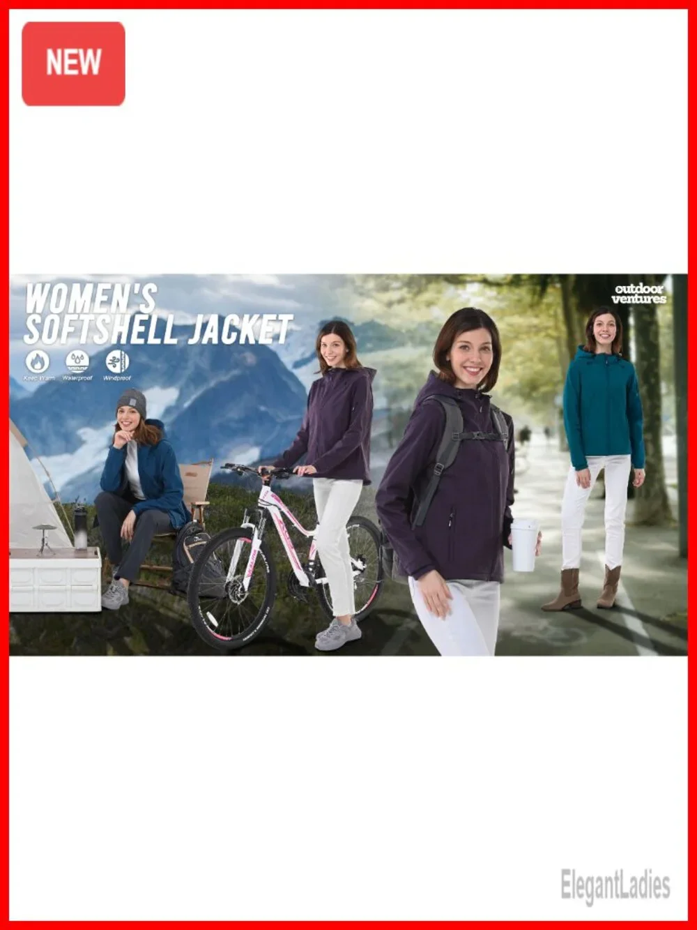 Women's Waterproof Softshell Jacket with Fleece Lining, Hood, 5 Pockets